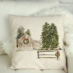 Christmas Barn with Wreath - 18x18 inch pillow cover